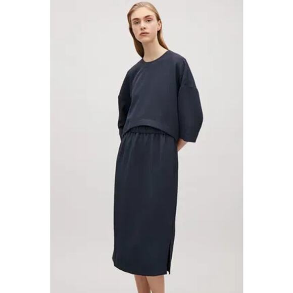 COS Layered Shift Dress Twill 3/4 Sleeve Midi Sheath, Navy Blue - Picture 2 of 12